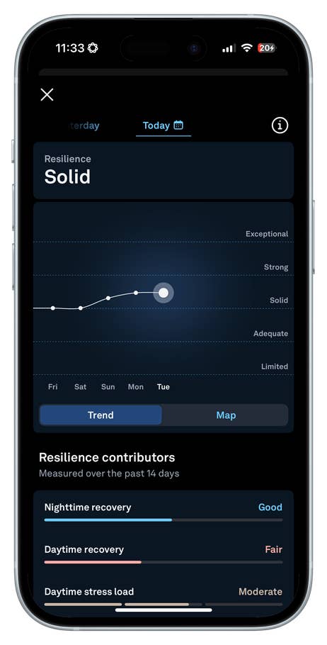 Oura Ring 4 app screen showing resilience score as u0027Solidu0027 with recovery metrics.