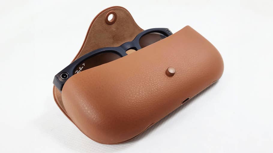 A Ray-Ban Meta Headliner sunglasses case with partially visible sunglasses.