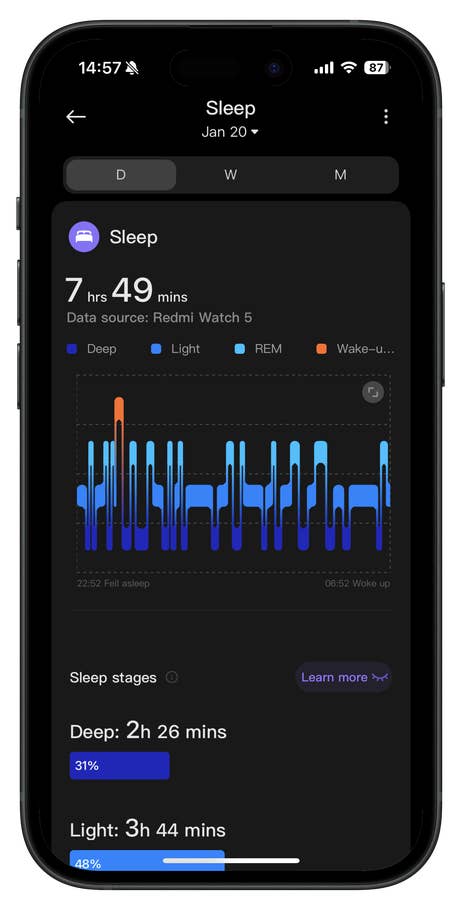 Sleep data from Redmi Watch 5, showing 7 hrs 49 mins of sleep with stages detailed.