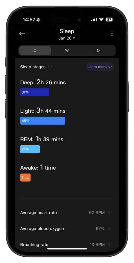 Redmi Watch 5 displaying sleep stages: Deep 2h 26min, Light 3h 44min, REM 1h 39min, Awake 1 time.