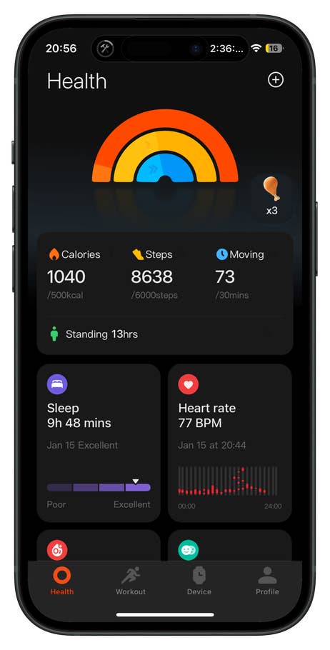 Redmi Watch 5 health screen displaying calories, steps, heart rate, and sleep data.