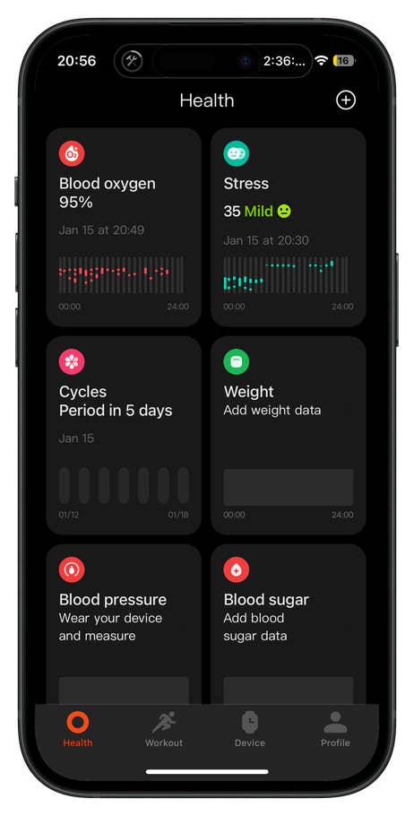 Health dashboard of Redmi Watch 5 showing blood oxygen, stress, cycles, weight, blood pressure, and blood sugar data.