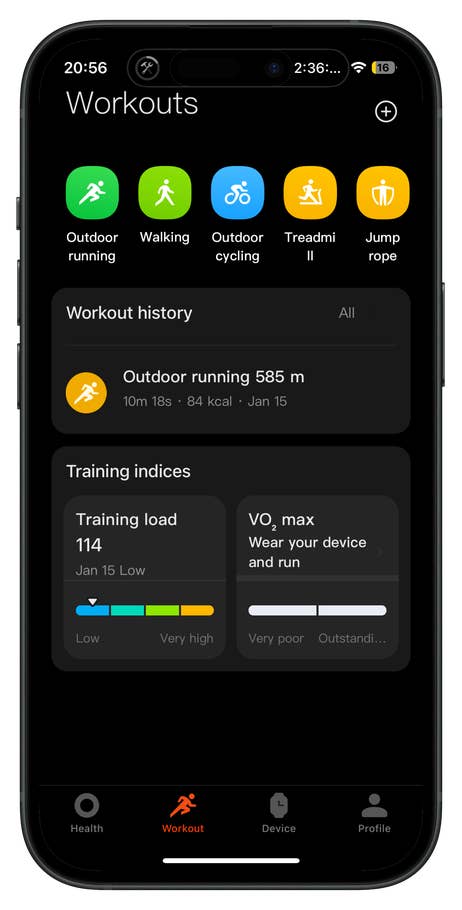 Interface of the Redmi Watch 5 showing workout options and training indices.