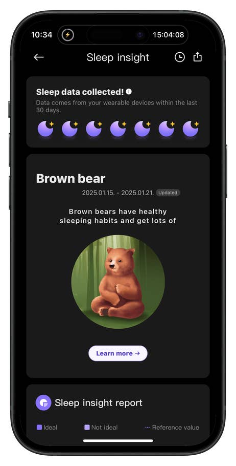 User interface of the Redmi Watch 5 showing sleep insights and a cartoon brown bear.