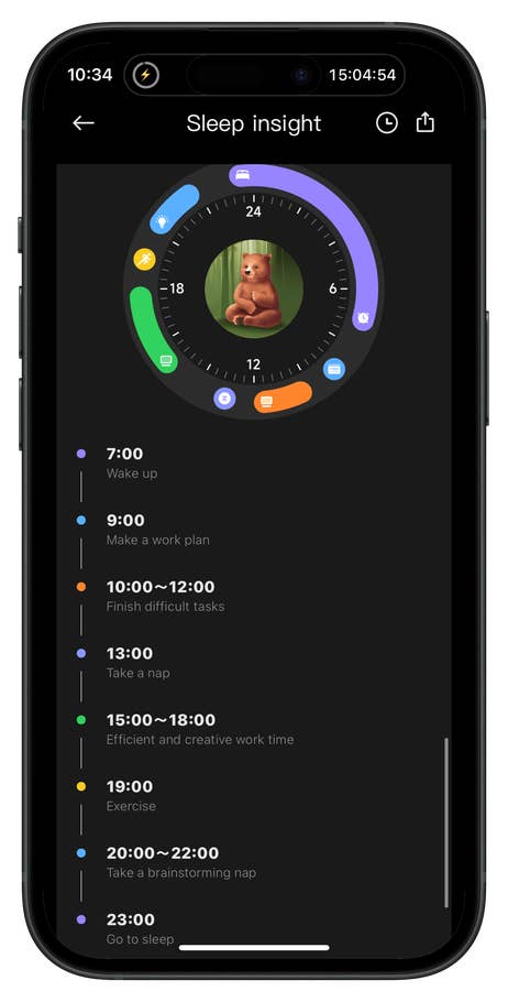Redmi Watch 5 displaying sleep insights and a daily schedule with tasks from 7:00 to 23:00.