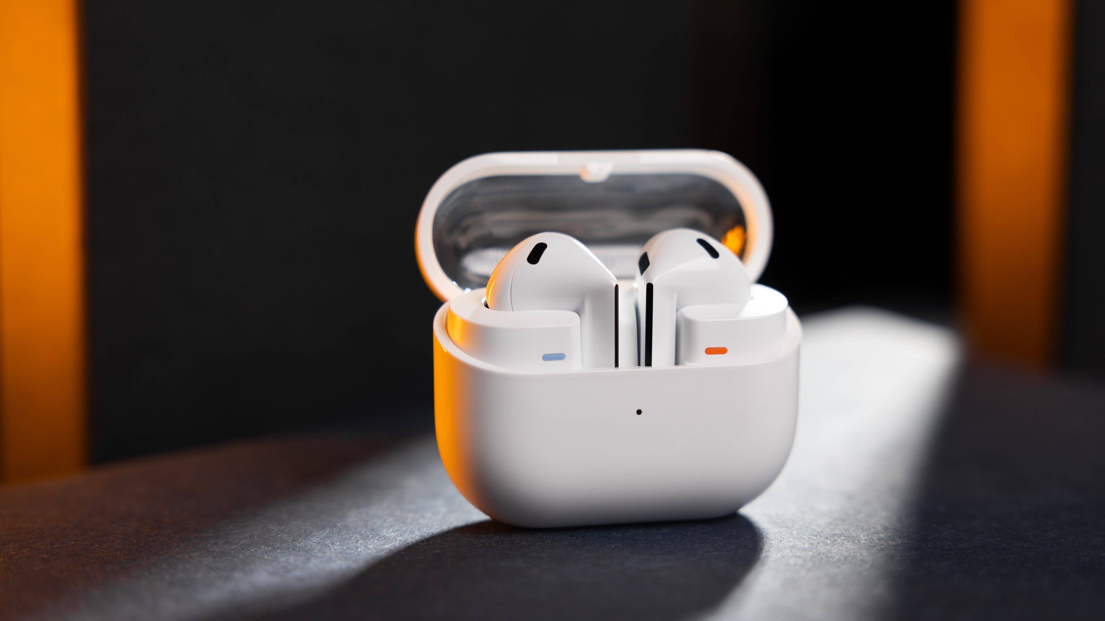 Samsung Galaxy Buds 3 in charging case with earbuds visible.