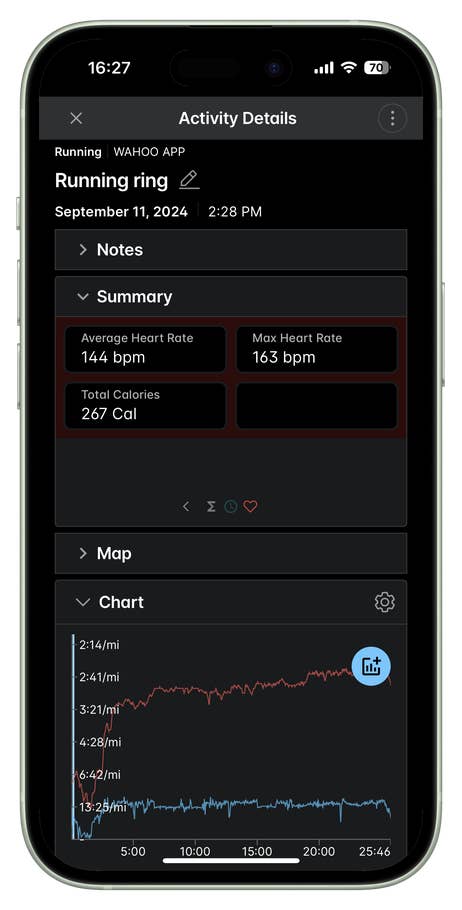 Wahoo app activity details showing heart rate and calories for a running session.