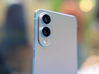 Close-up of a Samsung Galaxy S25 Edge smartphone, showcasing its dual cameras and sleek design.