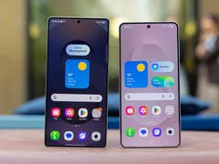 Two Samsung Galaxy S25 Edge smartphones showing different home screens and apps.