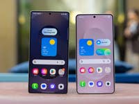 Two Samsung Galaxy S25 Edge smartphones showing different home screens and apps.