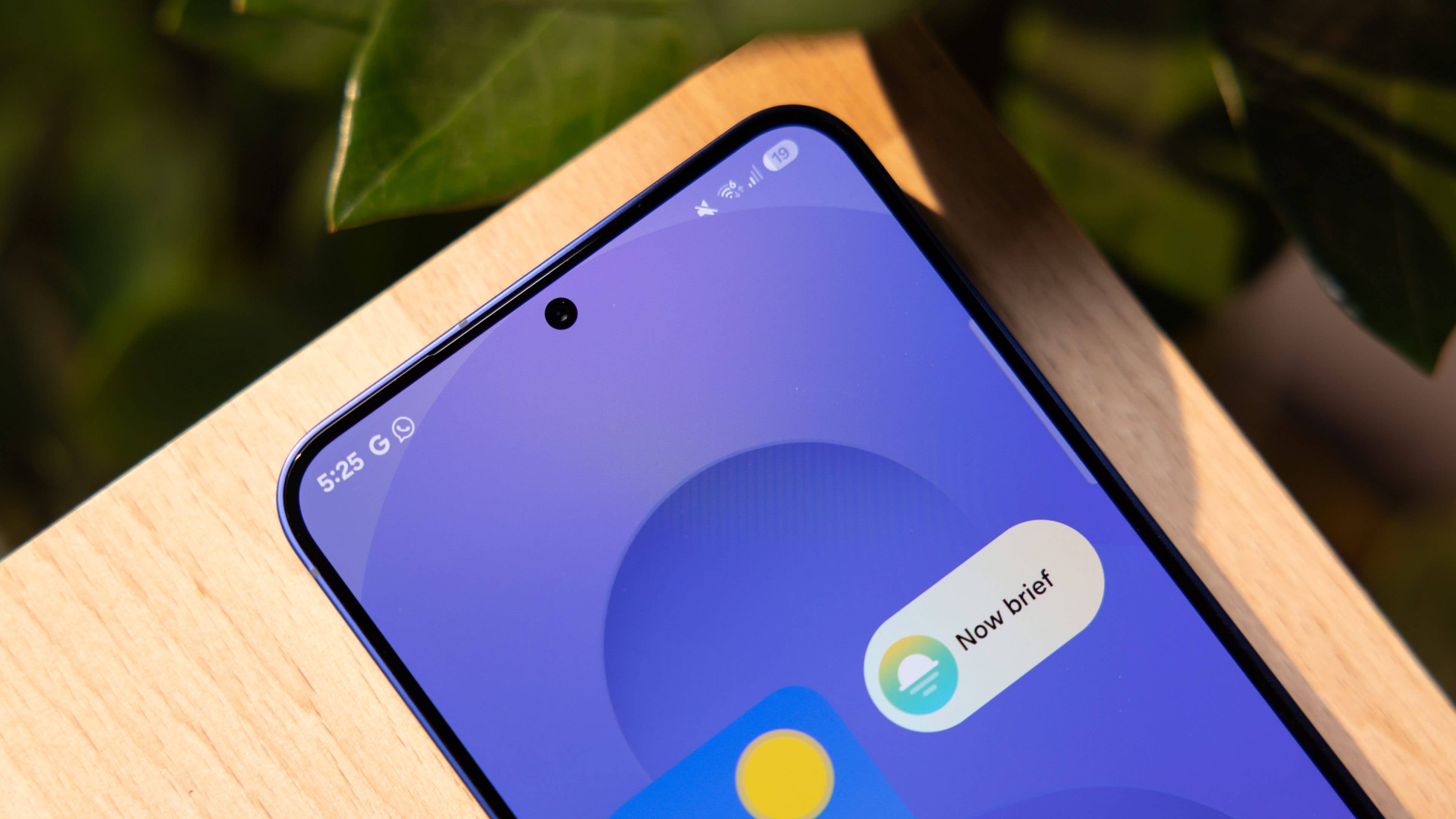 Close-up of a Samsung Galaxy S25 Plus smartphone screen showing the time 5:25 and a notification labeled 'Now brief'.