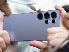 A person holding the back of a Samsung Galaxy S25 Ultra smartphone amidst dried leaves.