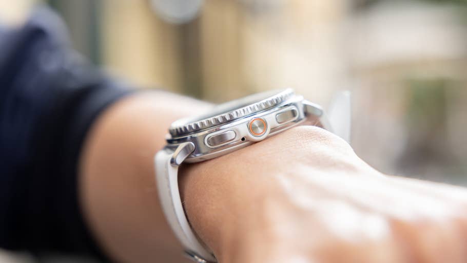 Samsung Galaxy Watch 8 Classic on a wrist, showing the side buttons and sleek design.