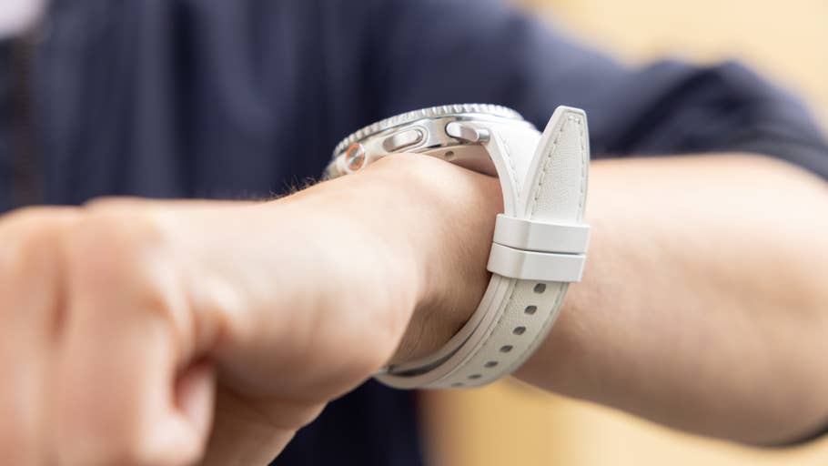 A close-up of a Samsung Galaxy Watch 8 Classic on a personu0027s wrist.