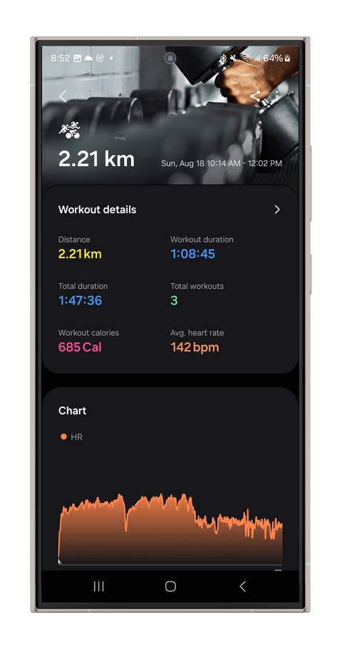 Screenshots of the Galaxy Watch Ultrau0027s Multisport metrics.