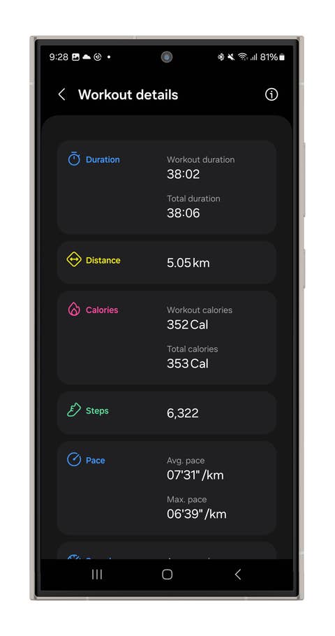 Screenshots of the Galaxy Watch Ultrau0027s Running mode.