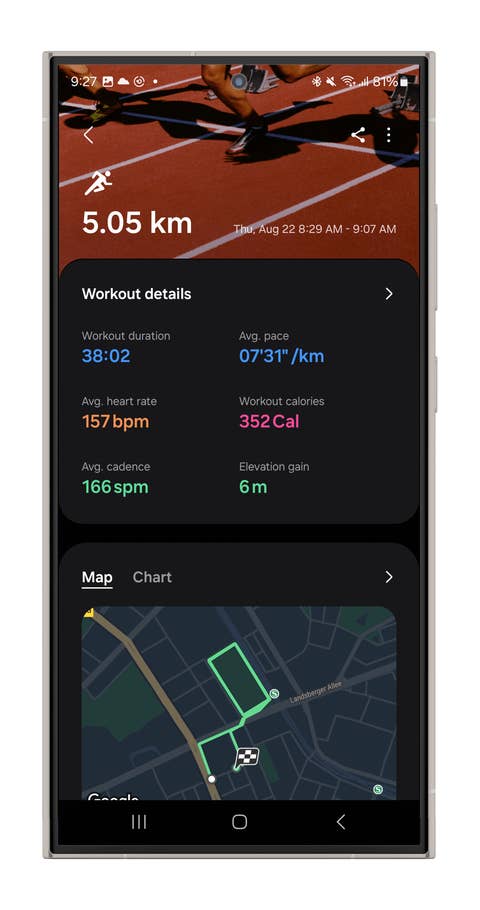 Screenshots of the Galaxy Watch Ultrau0027s Running mode.