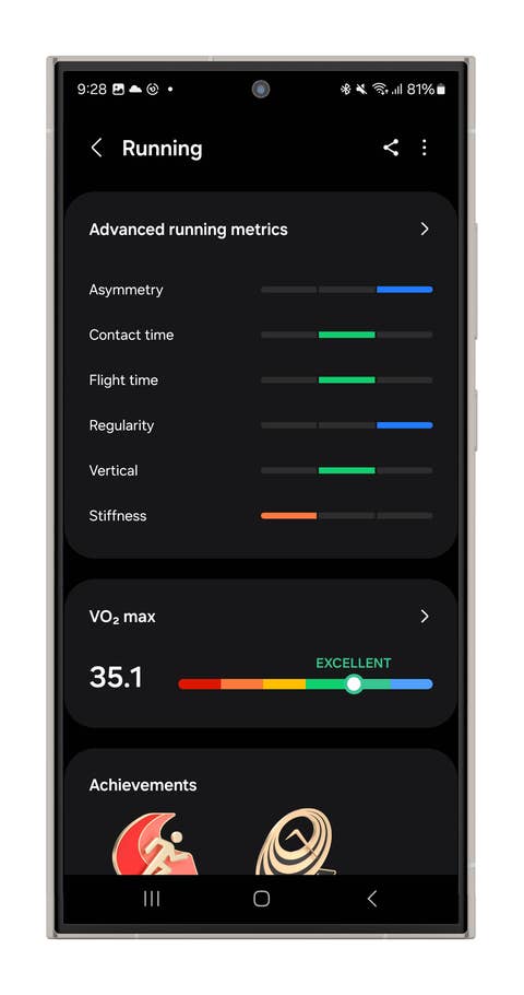 Screenshots of the Galaxy Watch Ultrau0027s Running mode.