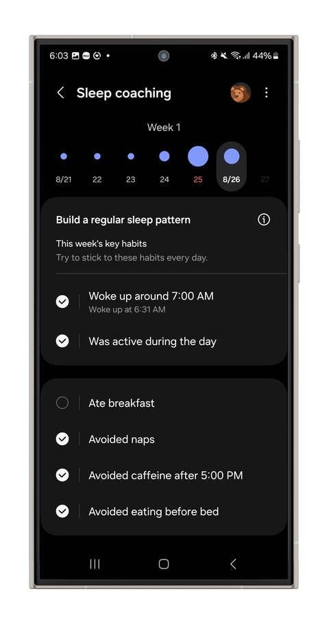 Screenshots of the Galaxy Watch Ultrau0027s sleep tracking measurements.