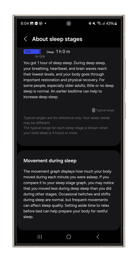Screenshots of the Galaxy Watch Ultrau0027s sleep tracking measurements.