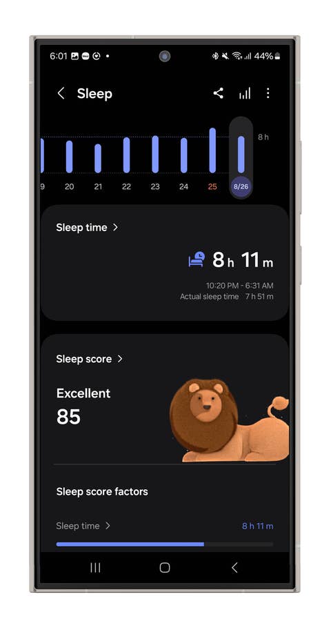Screenshots of the Galaxy Watch Ultrau0027s sleep tracking measurements.