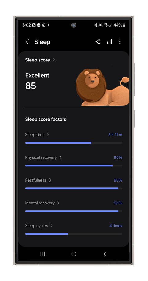 Screenshots of the Galaxy Watch Ultrau0027s sleep tracking measurements.