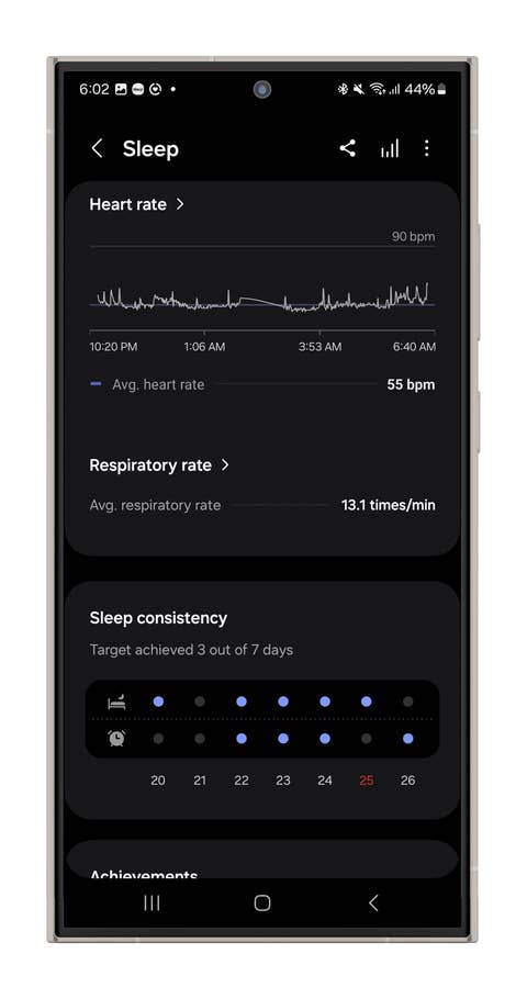 Screenshots of the Galaxy Watch Ultrau0027s sleep tracking measurements.