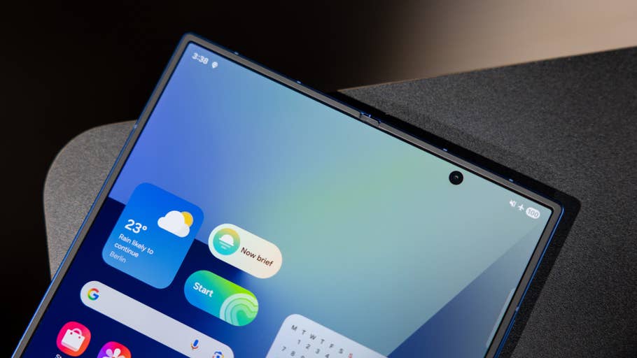 Close-up of a Samsung Galaxy Z Fold7 screen displaying weather and app icons.