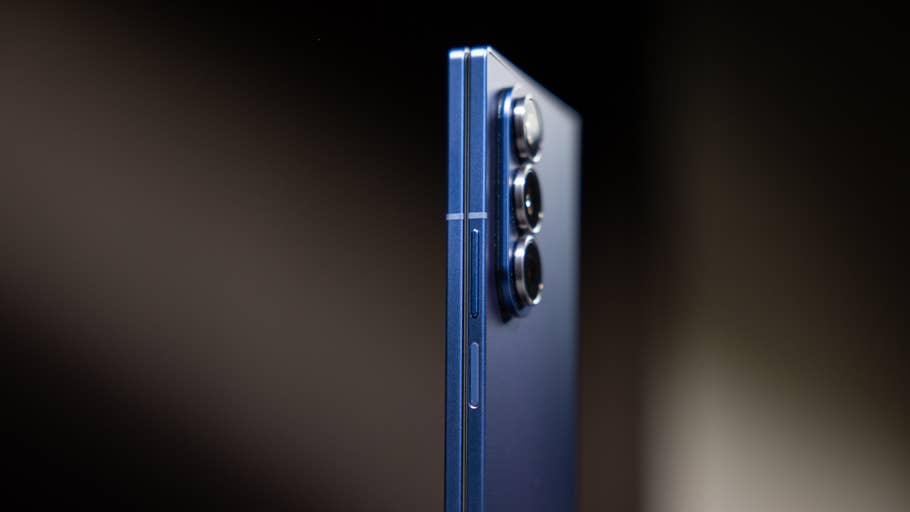 Close-up of a Samsung Galaxy Z Fold7 smartphone showcasing its side profile and camera module.