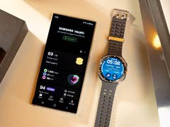 Samsung Galaxy Watch Ultra side by side with the Galaxy S24 Ultra displaying the Health app