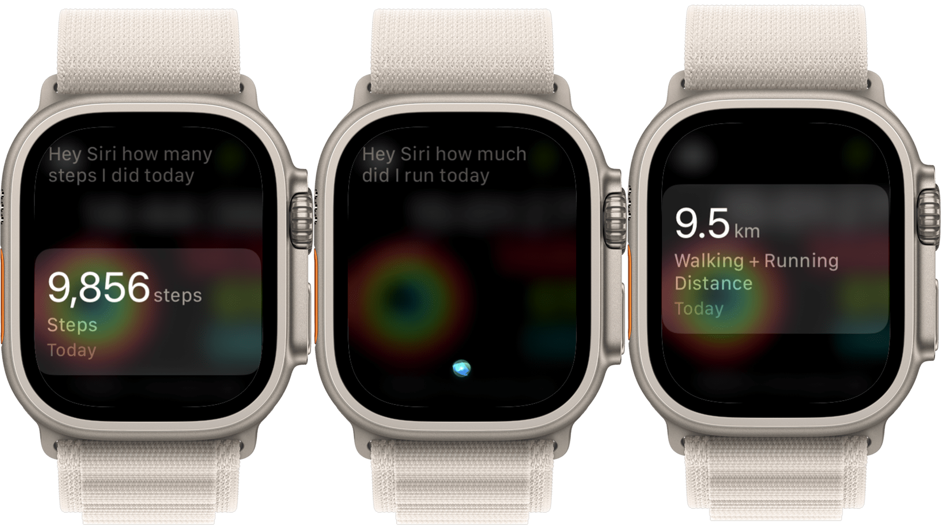 Screenshots demonstrating the on-device commands for use with the Apple Watch.