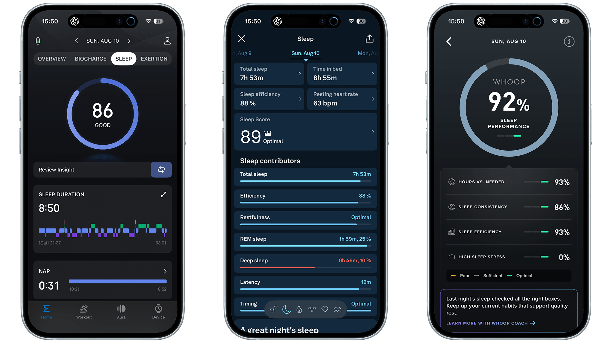 Sleep score comparison on three mobile screens showing various metrics and insights.