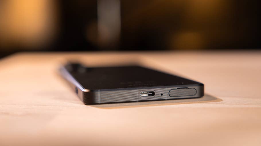 Close-up of the bottom of a Sony Xperia 1 VIII smartphone, showing the charging port and buttons.
