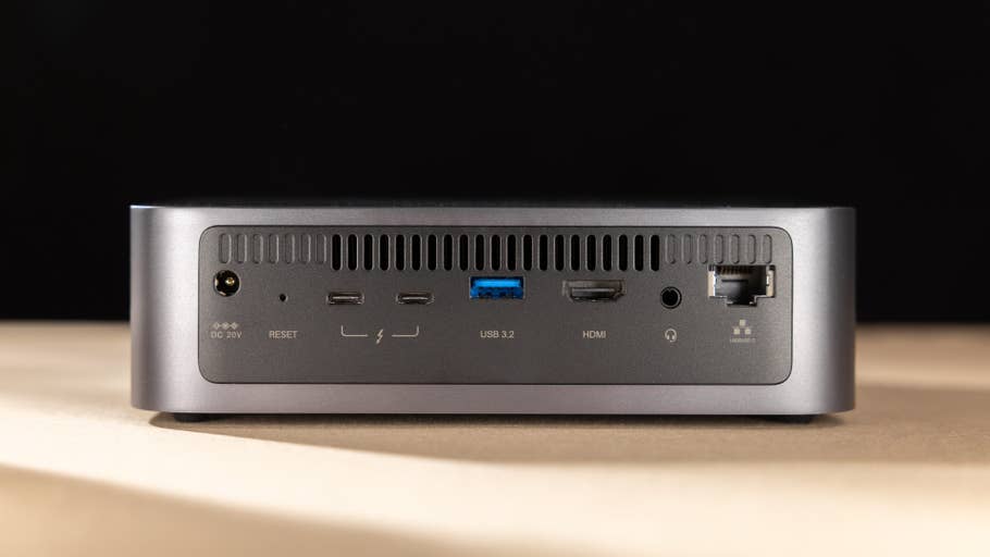 A Ugreen Nasync DXP480T Plus device showing various ports including USB, HDMI, and Ethernet.