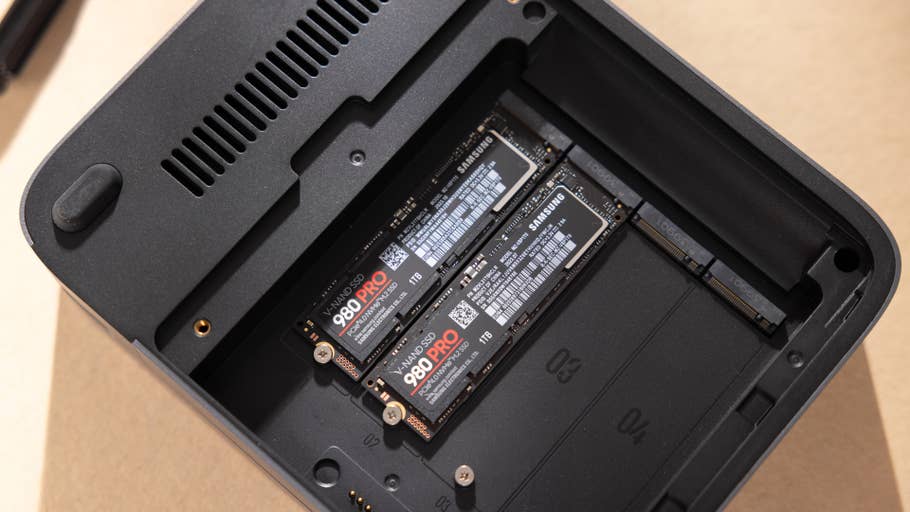 Interior view of a device showing two Samsung 980 PRO SSDs installed.