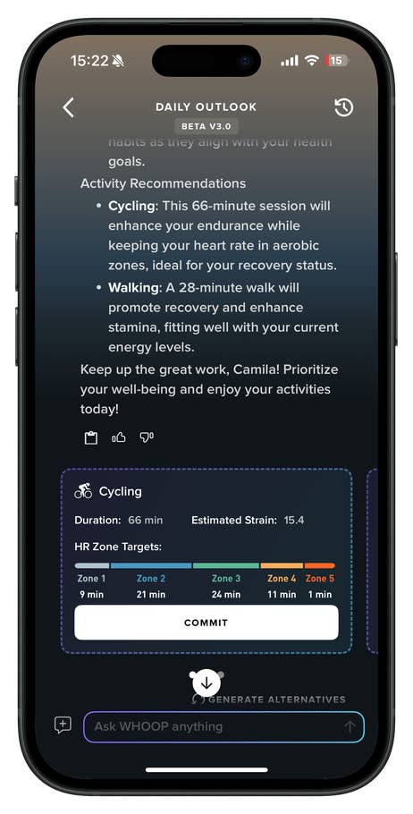 Daily outlook on a phone showing cycling and walking activity recommendations.