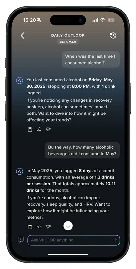 A smartphone displaying a daily outlook app showing alcohol consumption details.