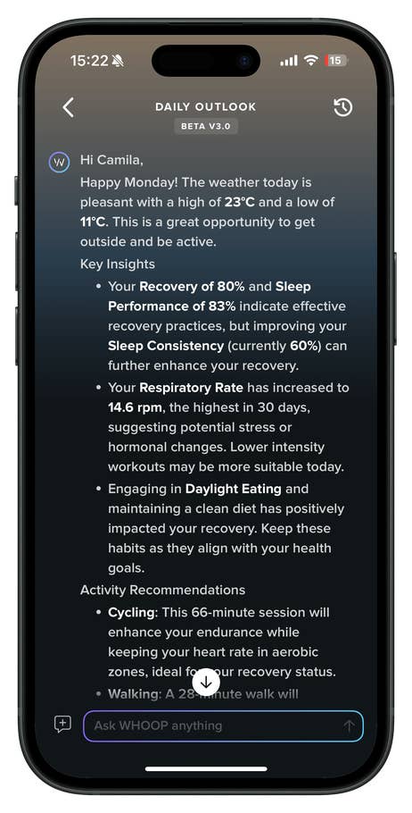 Daily health outlook on a smartphone showing weather, recovery metrics, and activity recommendations.