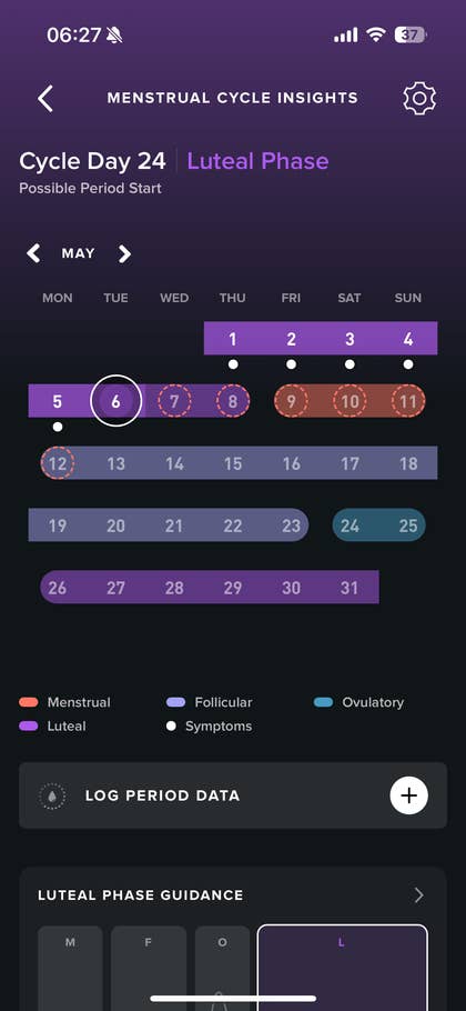 Menstrual cycle insights app showing Cycle Day 24 in the luteal phase with a calendar view.