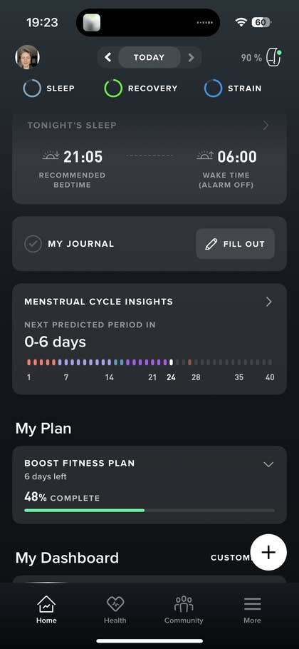 Whoop app interface displaying sleep recommendations and menstrual cycle insights.