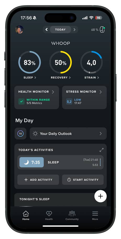 WHOOP app interface displaying health metrics: sleep 83%, recovery 50%, strain 4.0, and stress monitor.