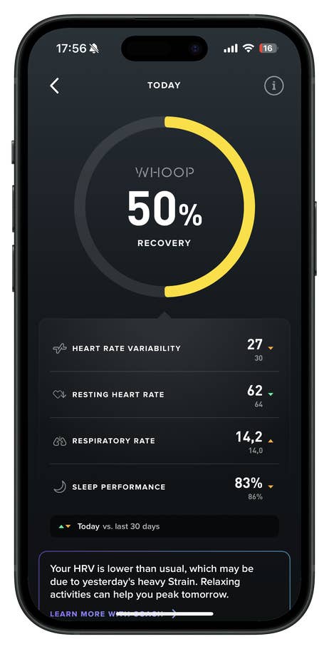A smartphone displaying the Whoop app with 50% recovery, heart metrics, and health insights.