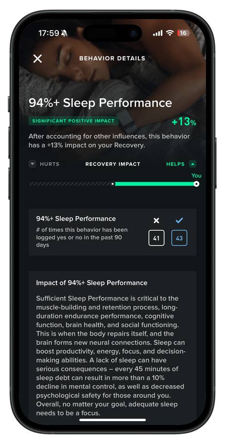 Mobile screen displaying 94%+ Sleep Performance with info on recovery impact and sleep importance.
