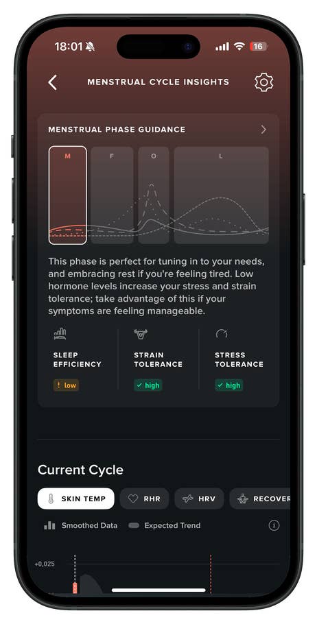 Smartphone screen displaying menstrual cycle insights and guidance, showing graphs and health metrics.