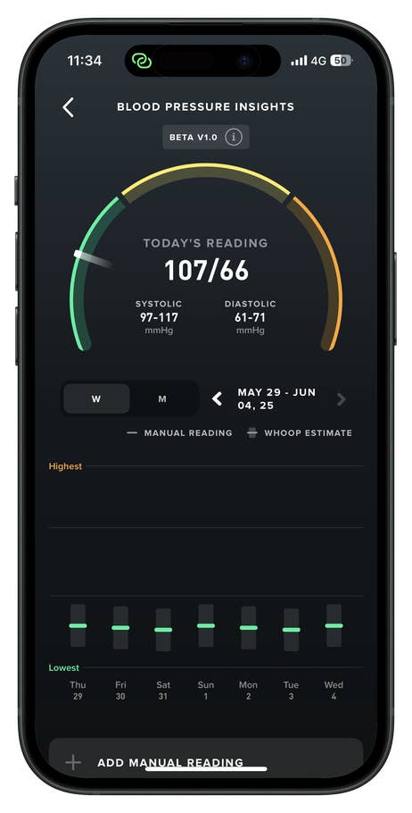 Mobile app screen showing blood pressure readings: 107/66, with systolic and diastolic ranges.