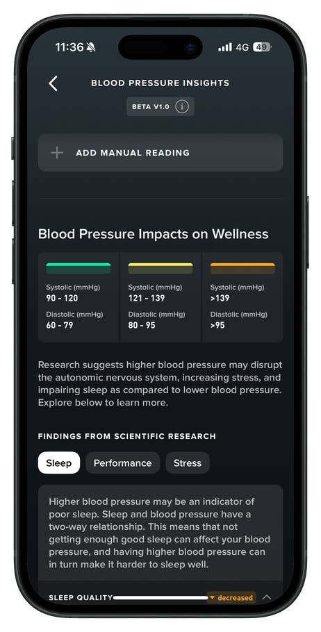 Blood pressure insights on a phone app, displaying systolic/diastolic ranges and their impact on wellness.