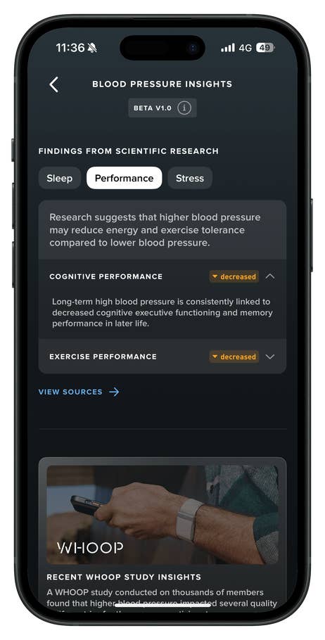 Mobile screen displaying blood pressure insights and findings from WHOOP study.