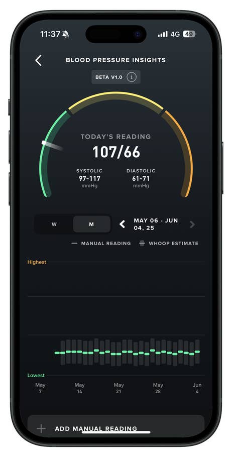 Blood pressure insights on a phone showing a reading of 107/66 mmHg and a date range.