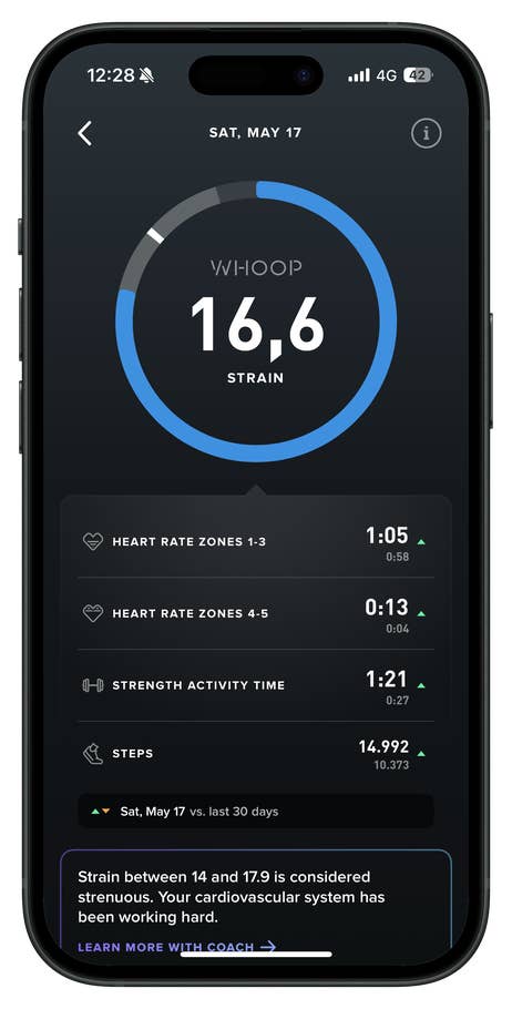 WHOOP app interface displaying strain of 16.6, heart rate zones, strength activity time, and step count.