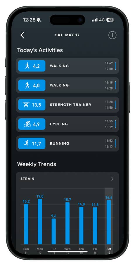 Activity tracking app showing todayu0027s activities and weekly strain graph.